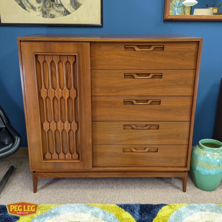 MidCentury Modern walnut double highboy dresser with sculpted details