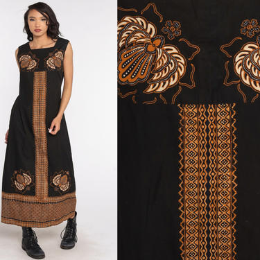 Batik Caftan Dress Hippie Maxi 60s Kaftan Black Boho Ethnic Bohemian Vintage 70s Sleeveless Dress Festival 1960s Gold Long Medium 