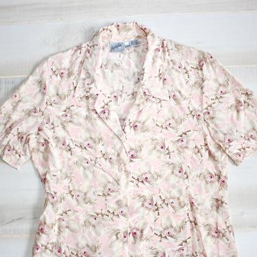 Vintage 90s Silk Shirt, 1990s Floral Blouse, Collared Shirt, Button Up, Top, Flower Print, Oversized, Boxy, Romantic 