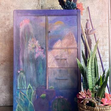 Hand Painted Cacti Floral Mountains Southwestern Style Armoire Wardrobe Cabinet ~ Bedroom Living Room Wardrobe Cabinet  ~ Painted Furniture 