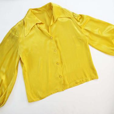 Vintage Canary Yellow Satin Long Sleeve Shirt Medium  - 1970s Poet Sleeve  - Silky Shiny Satin Button Up -  Wide Sleeve Top 