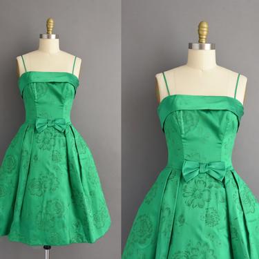 1950s vintage dress | Gorgeous Kelly Green Silk Satin Flocked Floral Print Cocktail Party Dress | Small | 50s dress 
