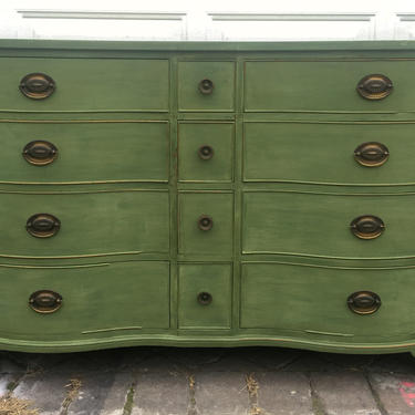 Refurbished Vintage Dresser by Kindel, Antique Green Triple Dresser, Distressed Shabby Chic Rustic Dresser, Free NYC Delivery 