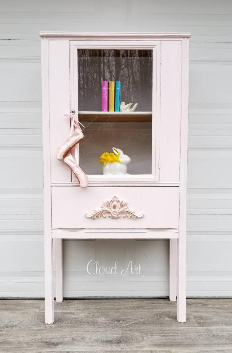 Baby Girl Pale Pink Floral Vintage Nursery Furniture Hutch Cabinet