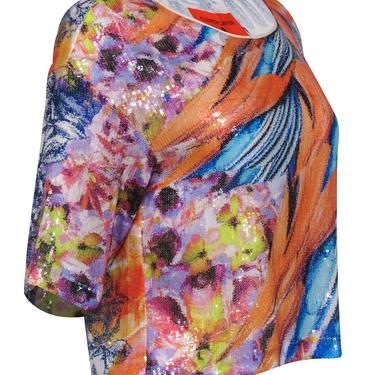 Clover Canyon - Multicolored Tropical Floral Print Sequin &quot;Birds of a Feather&quot; Blouse Sz S