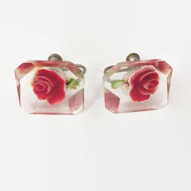VINTAGE 1950's Clear Lucite 3D Roses Screw Back Earrings | 50s Retro Faceted Lucite Clip On earrings | MCM Jewelry 