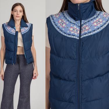 70s Blue Fair Isle Puffer Vest - Medium | Vintage Down Fill Retro Sleeveless Ski Jacket 