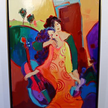 Mid Century Modern Framed Acrylic Painting Signed Sanmier Woman Musician Piano 