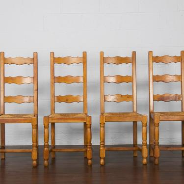 Vintage Set of 4 Country French Farmhouse Ladder Back Oak Dining Chairs 