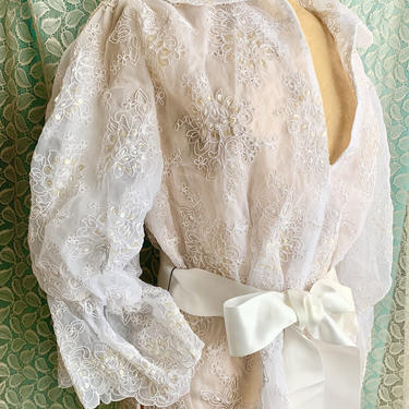 Fabulous Sheer Top, Beads, Faux Pearls, Puff Sleeves, Cocktail, Wedding, Bridal, Lillie Rubin, Vintage 90s 