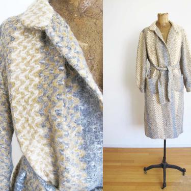 Vintage 70s Mohair Blend Coat S  - 1970s Chevron Knit Beige Gray Belted Coat - Fuzzy Long Jacket - Robe Coat - Neutral Earth Tone 