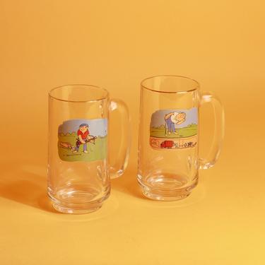 Set of 2 Vintage 70s Ashby Golf Cartoon Novelty Tall Drinking Glasses Cups 