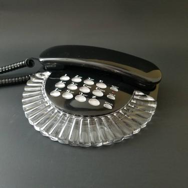 Vintage Art Deco Telephone  with Clear Acrylic Shell / Black 1980s Gothic Revival Phone / Low Profile Landline Phone / Retro 80s Home Decor 