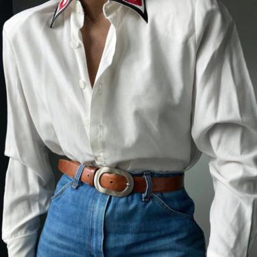 vintage contrast double stripe  collar button down blouse 