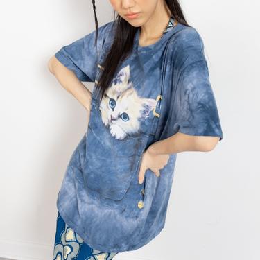 DENIM CAT KITTEN Tee Vintage Graphic T-Shirt Blue Tie Dye Cotton 90's Oversize / Large 