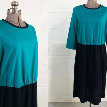 Vintage Blue Green Black Teal Colorblock Dress Lady Laura by Toni Todd Short Sleeve Mod 1970s 70s 1980s 80s Fit &amp; Flare Large XL 