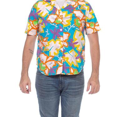 1980S Multicolor Cotton Bright Abstract Tropical Short Sleeve Shirt 
