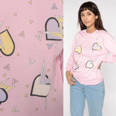 Heart Sweatshirt 80s Heart Print Pastel Pink Pullover Sweater Lightning Bolt Print Vintage 1980s Graphic Print Kawaii Small 