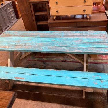 Super sturdy blue picnic table.  87” long 61” wide table height 31” bench height 19”