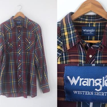 1980s Vintage Burgundy Wrangler Pearl Snap Shirt - Size XXL by HighEnergyVintage