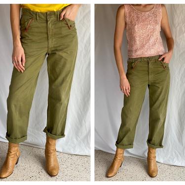 Vintage 1960's Pants / 32" Waist / Boy Scout Army Green and Cherry Red Cotton Slacks / Scouts Honor 