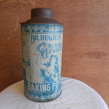 Rare Antique Baking Soda Tin Advertising Dr Hughes Grape Baking Powder 19th Century 1800 Blue Tin w Lid Victorian Era Art Nouveau Graphics 