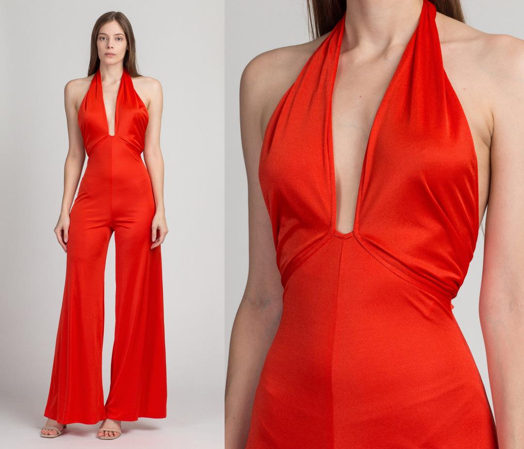 70s Frederick's of Hollywood Red Halter Jumpsuit - Petite Small