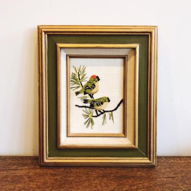 Vintage Crewel Birds Embroidery Framed 