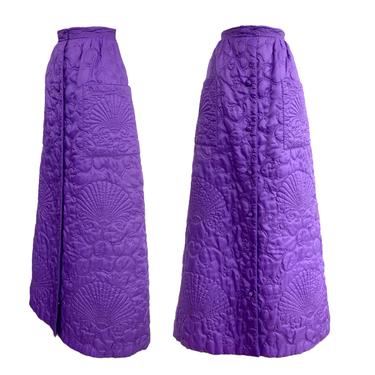 Vtg Vintage 1970s 70s Designer Purple Clam Shell Quilted Maxi Skirt 