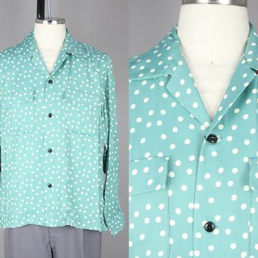 Groovin High · 1950s Style Dot Print Shirt · Vintage 40s 50s Inspired Turquoise Long Sleeved Shirt · 3XL 