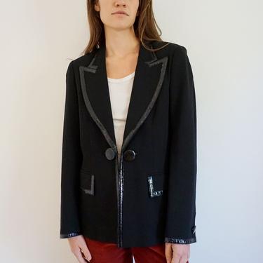 Jaeger London 1990s Wool Blend Blazer with Patent Croc Embossed Patent Leather Trim and Double Chain Button XS S M 90s Minimalist 