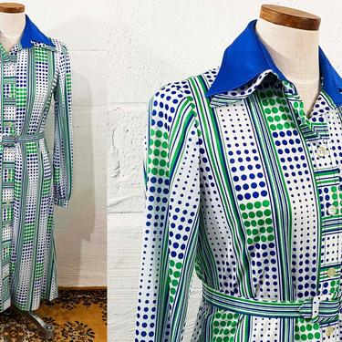 Vintage Green Navy Blue White Polka Dot Dress Shirt Button Front 70s 1970s Long Sleeve Pointed Collar Belted Striped Mod Medium Large 