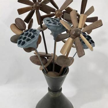 Danish Modern Mid Century Poppy Flower Teak Wood W/Bronze Vase