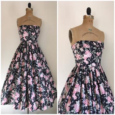 Vintage 1980s Laura Ashley Strapless Floral Butterfly Garden Party Dress 80s Rose Print Summer Dress 1950s Style 50s New Look 