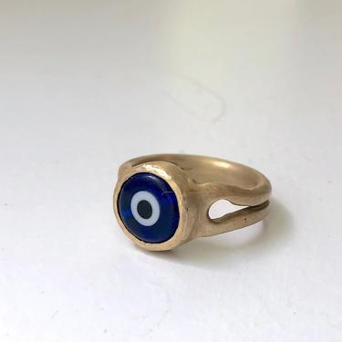 Blue Glass Evil Eye Ojo Ring in Solid Brass Signet Style Setting Handmade Cast in Recycled Brass 