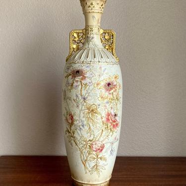 Large Antique Royal Bonn Porcelain Aesthetic Movement Gilt Floral Vase Drilled 