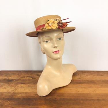 Vintage 40s hat | Vintage yellow woven straw boater hat  | 1940s Austelle Fashion millinery 
