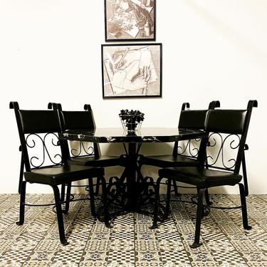 MCM Brutalist Hand Forged Marble Table & Set of Four Chairs with Vinyl Cushions 