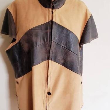 Vintage Mens Leather Jerkin Jacket Short Sleeved Historical Costume Renaissance Faire Large / Reginald 