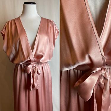 70’s shimmery pink satin disco glam jumpsuit~ sexy &amp; sweet~ plunging neckline~ ultra feminine silky satin~ 1970’s authentic VTG 