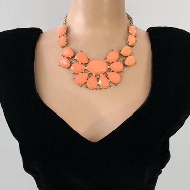 VINTAGE 1960s Coral Orange MCM Bib Necklace | 60s Prong Set Faceted Beads | Adjustable Bold Statement Necklace 