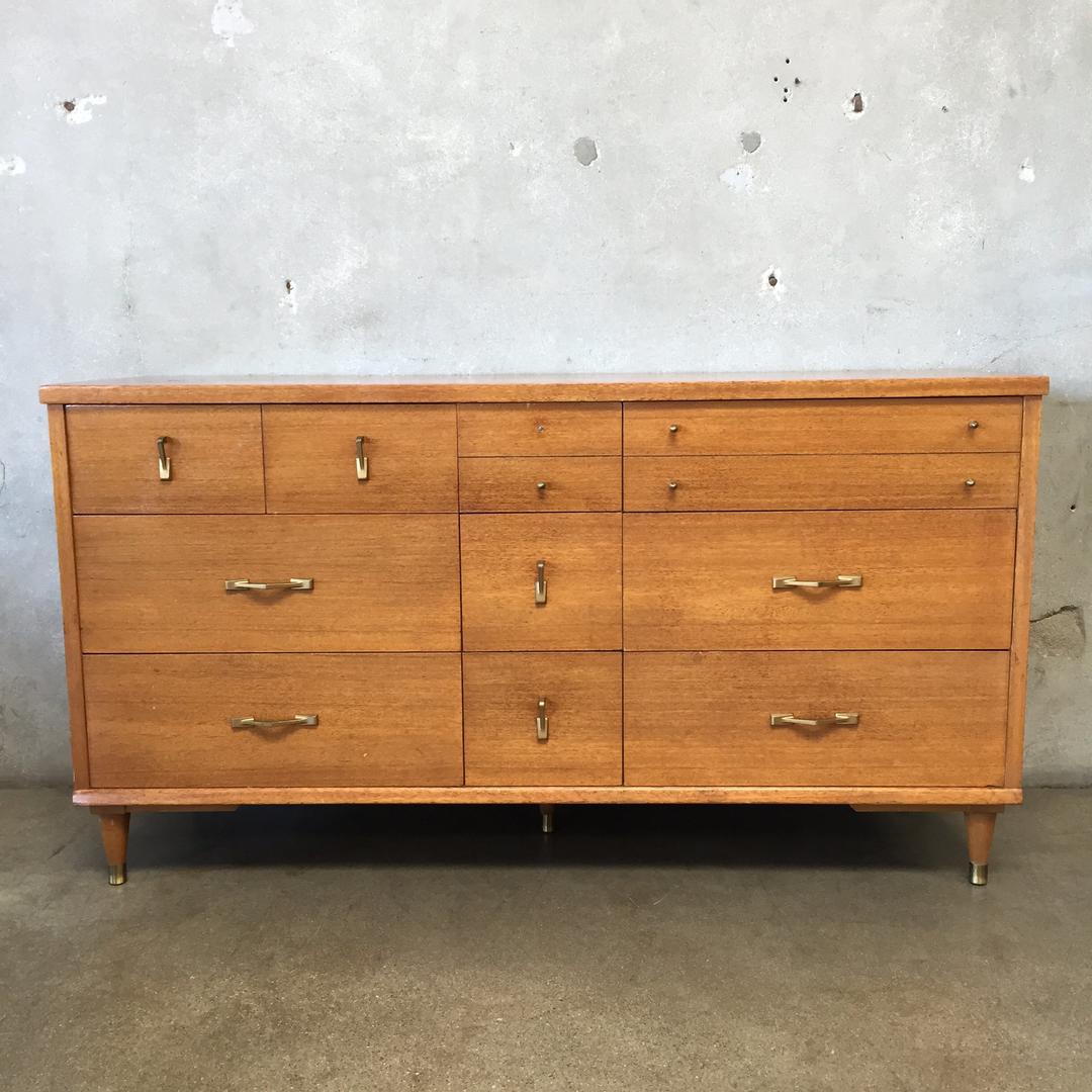 Nine Drawer Honey Blonde Mid Century Lowboy Dresser Urban Americana