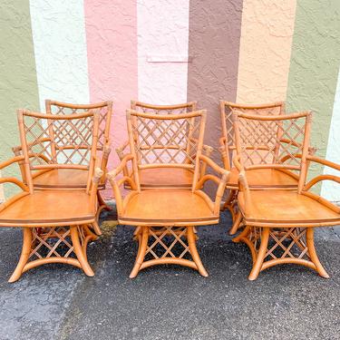 Set of Six Ficks Reed Rattan Swivel Dining Chairs