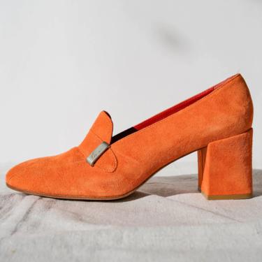 Vintage 90s KENZO Sherbet Orange Block Heel Shoes w/ Matte Silver Logo Strap | Made in Spain | Size 7 | UNWORN | 1990s French Designer Pumps 