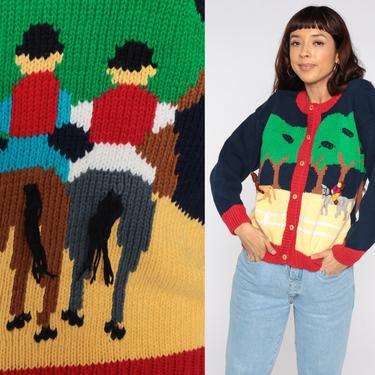 Horse Cardigan Sweater 90s Sweater Button Up Horseback Riding Animal Sweater Country Sweater Cotton 1990s Vintage Large l 