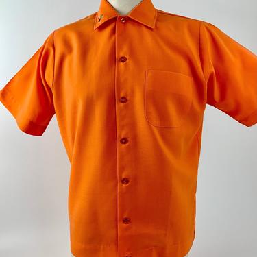 1970'S-80's Bowling Shirt - Vivid Orange - Rayon/Poly Blend - Embroidered Bowler on Collar - Men's Size Medium 