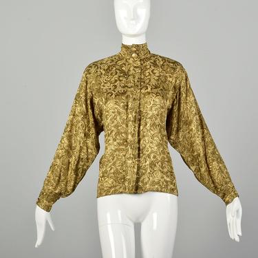 Medium 1980s St. John Blouse Green Gold Autumn Print Button-Up Silk Shirt 
