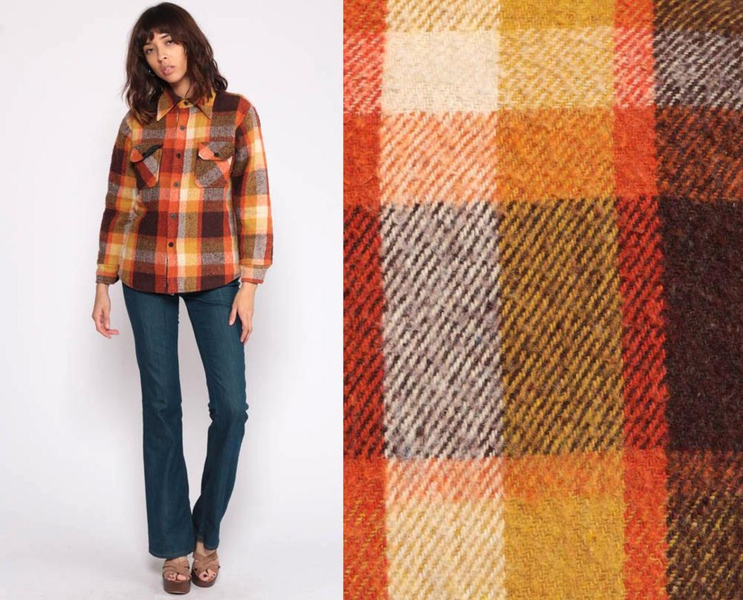 Olivia Mark – Orange flannel plaid shirt with chest pockets – Olivia Mark