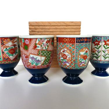 Vintage Japanese Imari Pedestal Cups From Japan, Set Of 4 Japanese Porcelain 8oz Footed Tea Cup 