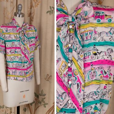 1950s Blouse - Vintage 50s Novelty Print Silk Blouse in a Vibrant Transportation Theme with Beading and Rhinestones As Is 